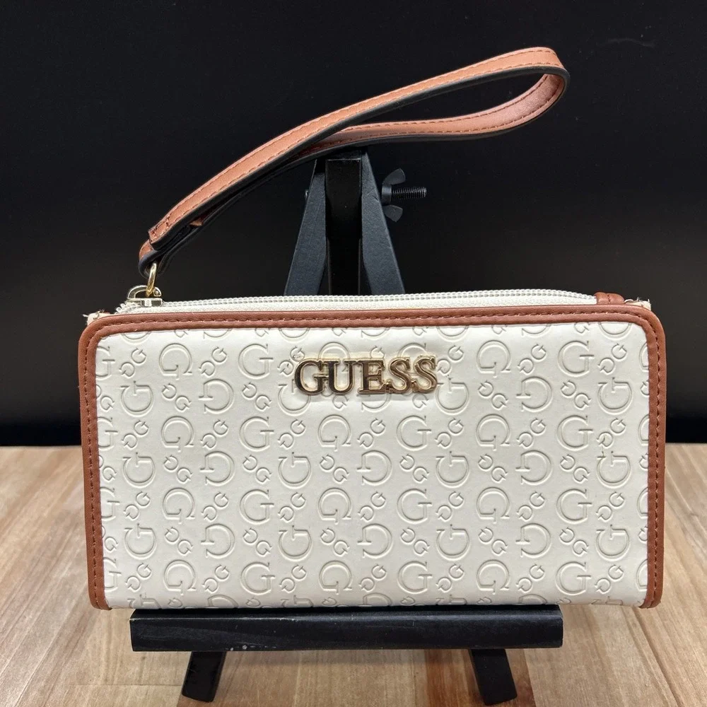 GUESS Beige With Brown Trim Embossed Wristlet‎ Wallet